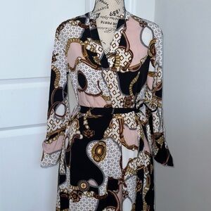 Black Tan Wrap Dress with Bishop Sleeves